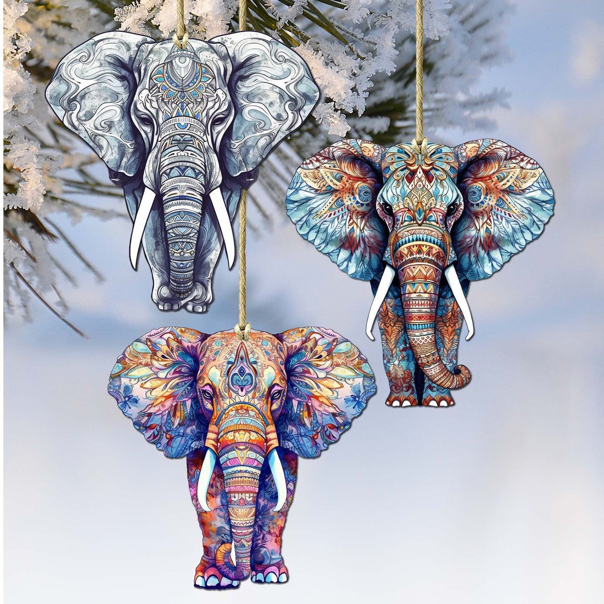 Elephants Decorative Wooden Ornaments Set of 3 by G. Debrekht - Wildlife Decor - 8091036-S3