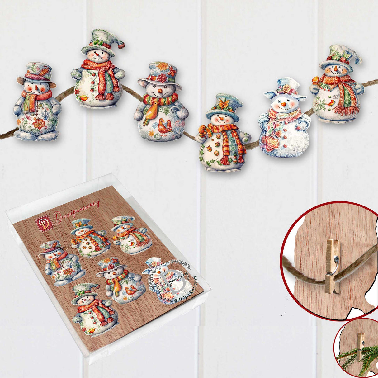 Snowman Decorative Wooden Clip-on Ornaments Set of 6 by G. Debrekht - Christmas Decor - 8090023C-S6