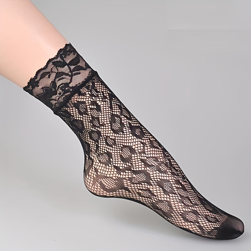 6 pares de calcetines de rejilla con encaje floral, calcetines tobilleros ultrafinos, medias y calcetería para mujer