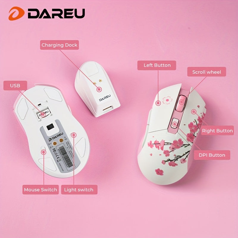 DAREU Sakura Pink Wireless Gaming Mouse - 12K DPI, RGB Rechargeable, 7 Programmable Buttons, Charging Dock Stand, Dual Mode for PC/Laptop/Mac - The Perfect Gift for Birthdays, Valentines, Halloween, Easter, and Girlfriends