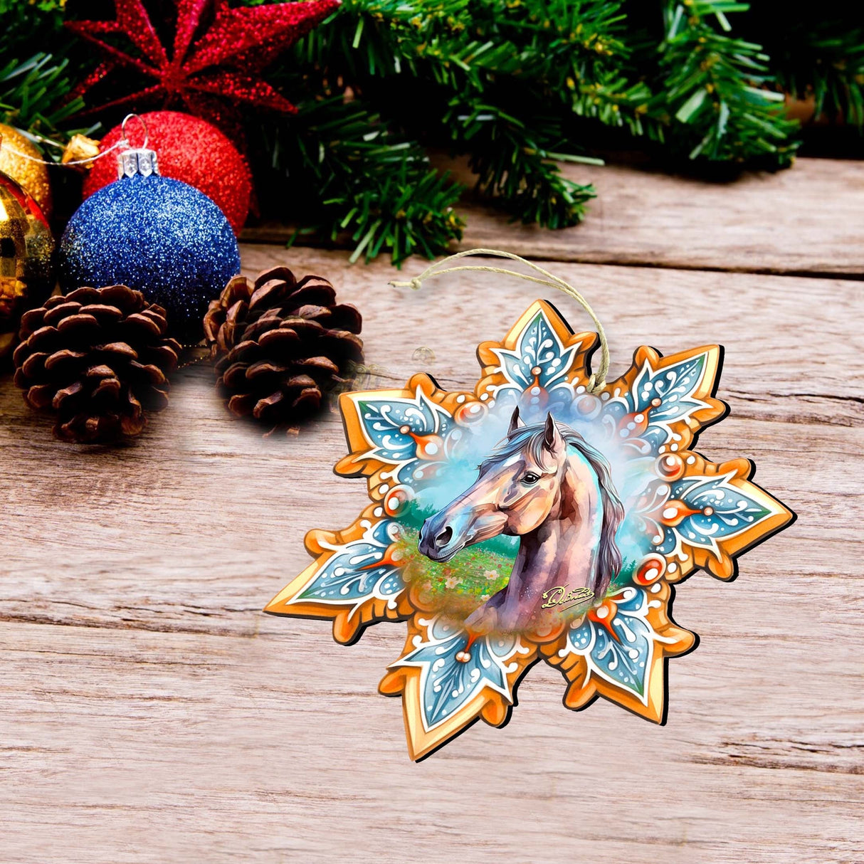 Horses Snowflake Wooden Ornaments Set of 3 by G. Debrekht - Nature Wildlife Decor - 8090151-S3