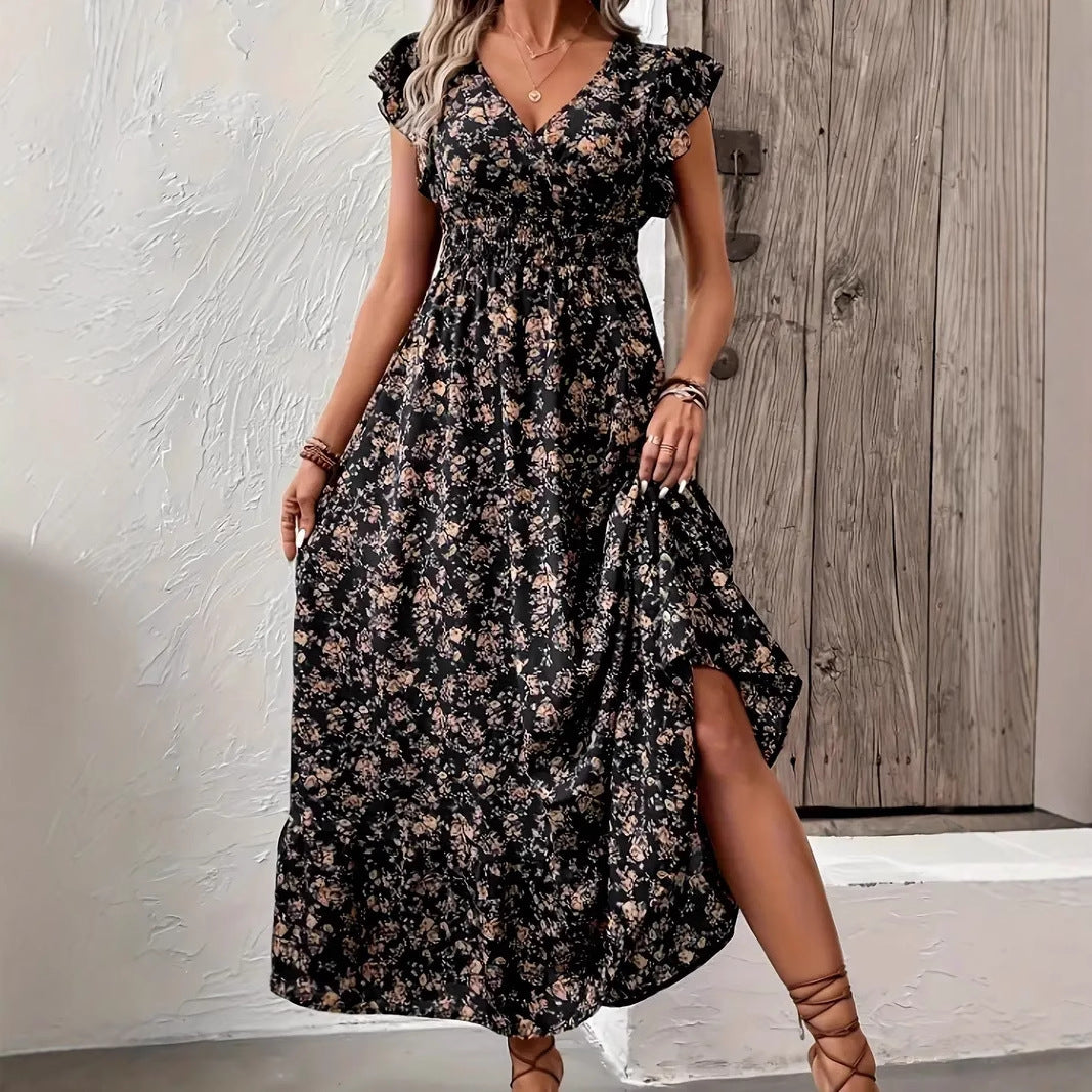 Vestido floral de moda con cintura y mangas largas