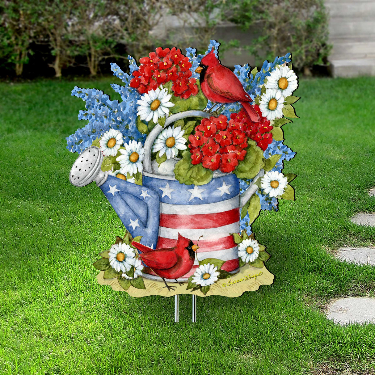 Patriotic Outdoor Garden Decor - American Watering Can Stakes - Front Yard Red and Blue Pot - Flowerpot Sign by Susan Winget - Handmade Gift - Rustic Adornment - 8471212M-SW