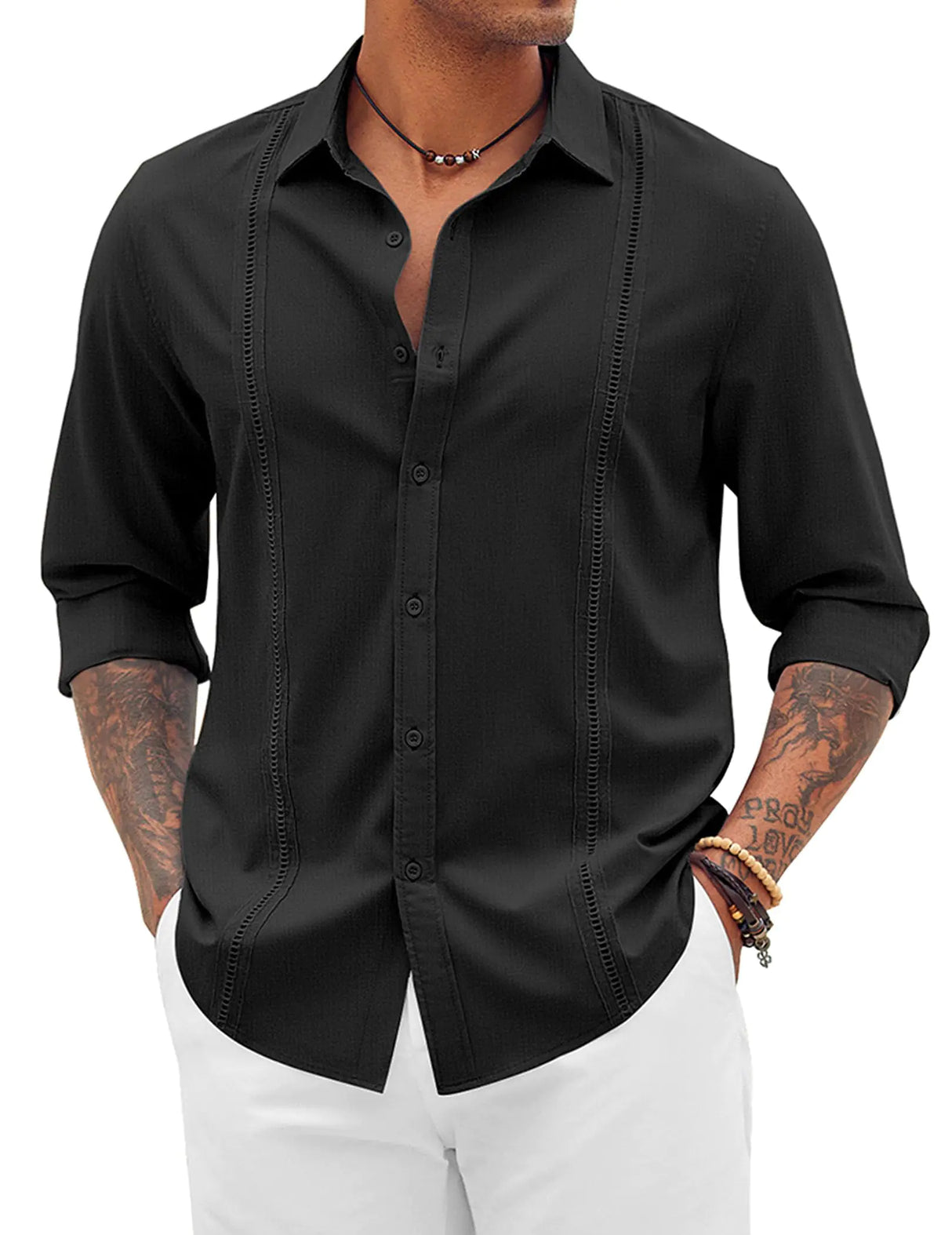 COOFANDY Mens Casual Button Down Shirts Long Sleeve Cuban Shirts Summer Linen Shirts Black - Lootquake