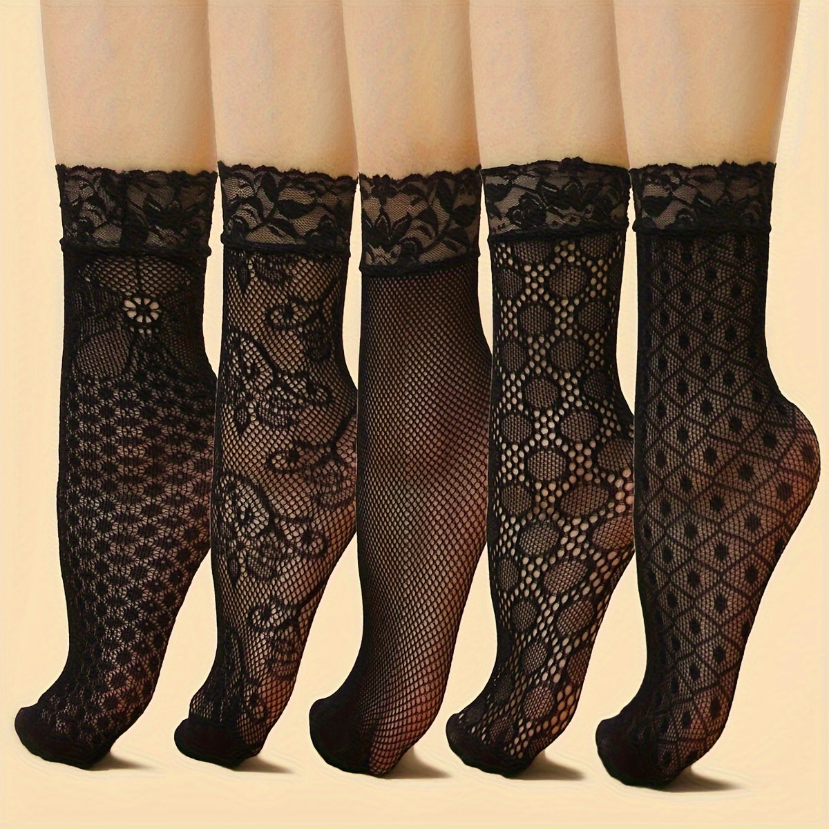 5 pares de calcetines finos de encaje floral, cómodos y transpirables, para mujer.