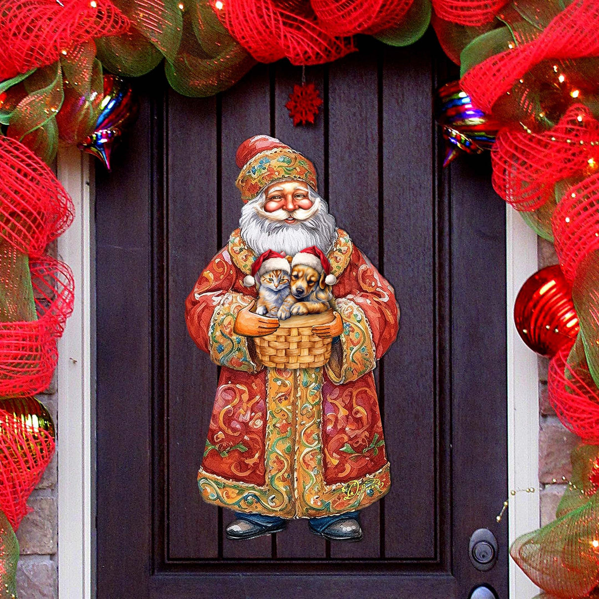 Yuletide Pets with Santa Holiday Door Decor by G. Debrekht - Christmas Santa Snowman Decor - 8691406H