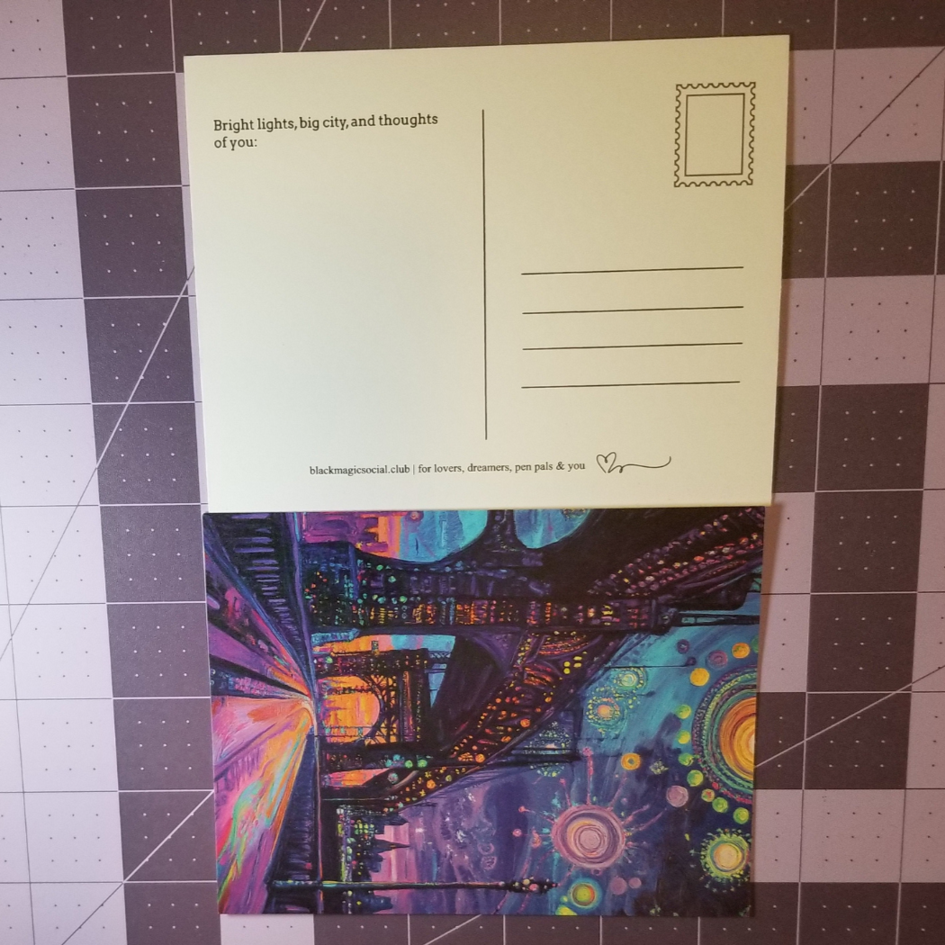 "Bright Lights" – Dreamy City Bridge Postcard - Surreal Nightscape Art Print