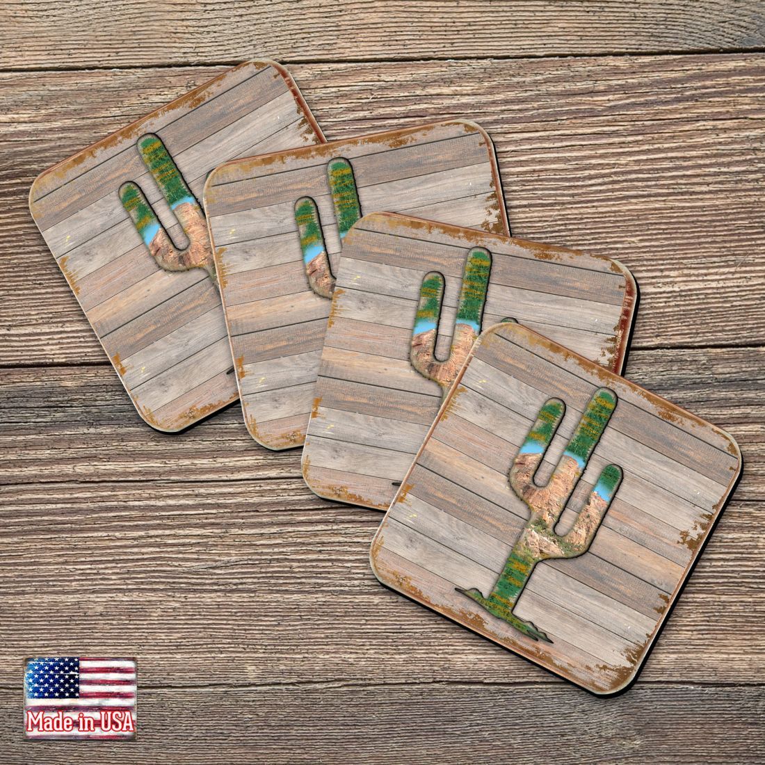 Cactus Wooden Cork Coasters Gift Set of 4 by Nature Wonders - Nature Wildlife Decor - 8199416C-S4