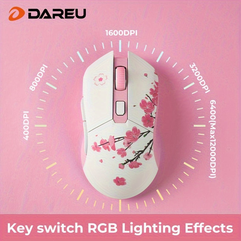 DAREU Sakura Pink Wireless Gaming Mouse - 12K DPI, RGB Rechargeable, 7 Programmable Buttons, Charging Dock Stand, Dual Mode for PC/Laptop/Mac - The Perfect Gift for Birthdays, Valentines, Halloween, Easter, and Girlfriends