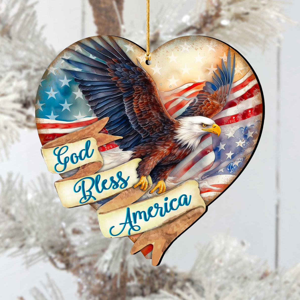 God Bless America Patriotic Eagle Heart Wooden Ornaments by G.Debrekht American Holiday Decor - 8652789