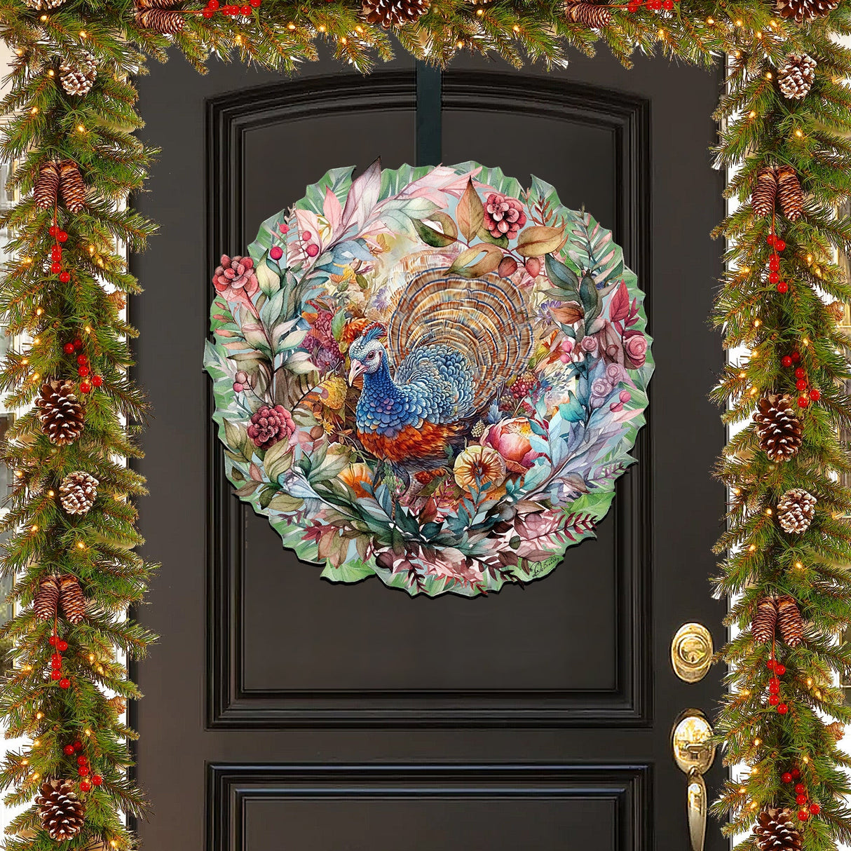 Thanksgiving Turkey Wreath Holiday Door Decor by G. Debrekht - Thanksgiving Decor - 8611083H