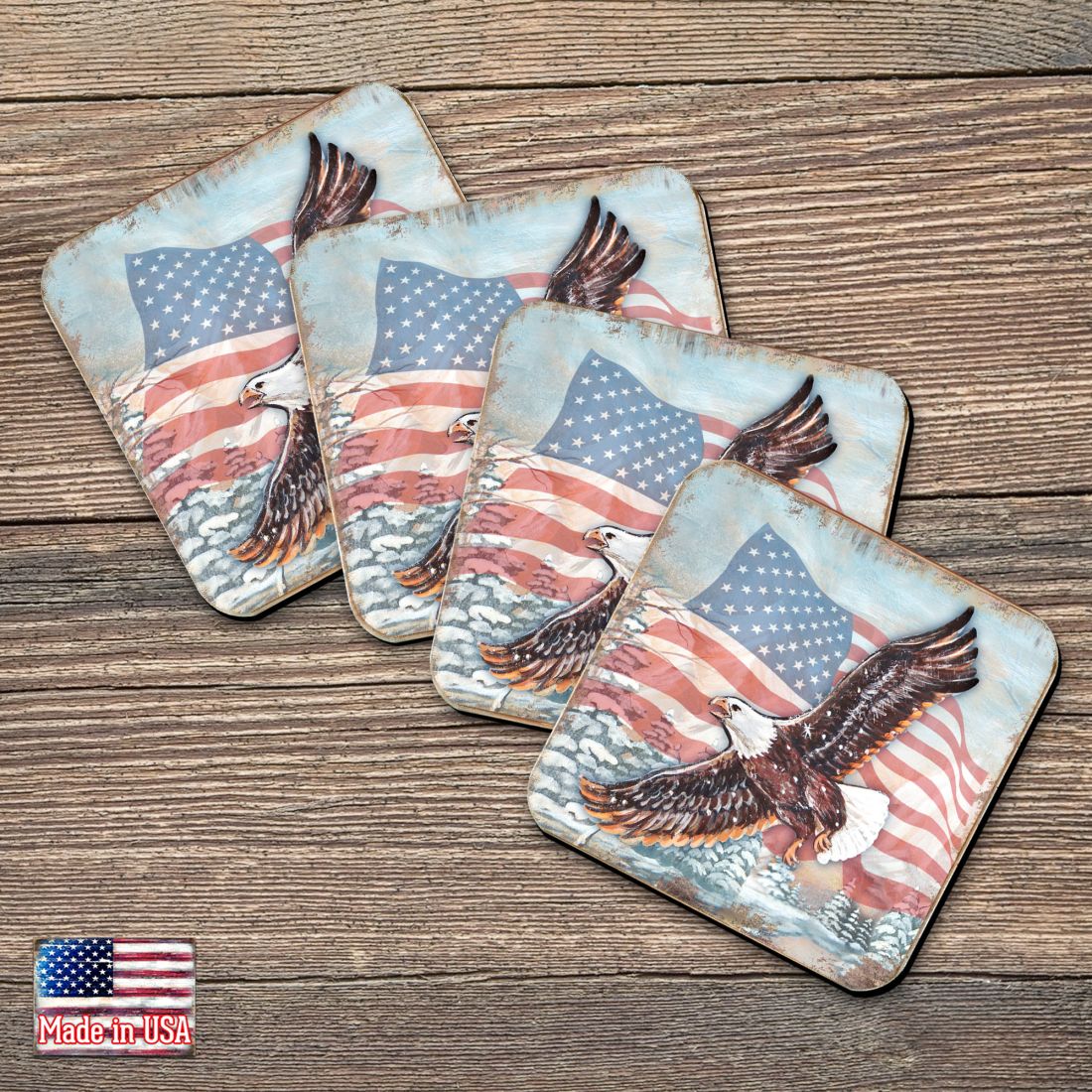 Juego de 4 posavasos de corcho de madera con diseño de águila americana de Nature Wonders - Decoración patriótica americana - 95221C-S4