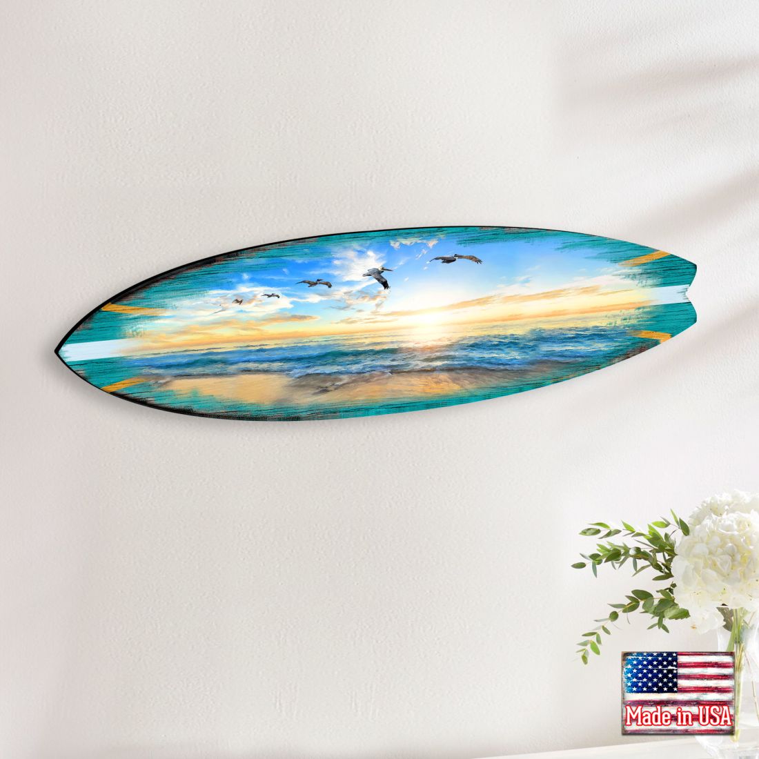 Tabla de surf al atardecer, arte costero para puerta de G. DeBrekht - Decoración costera con vida marina - 8490103HS
