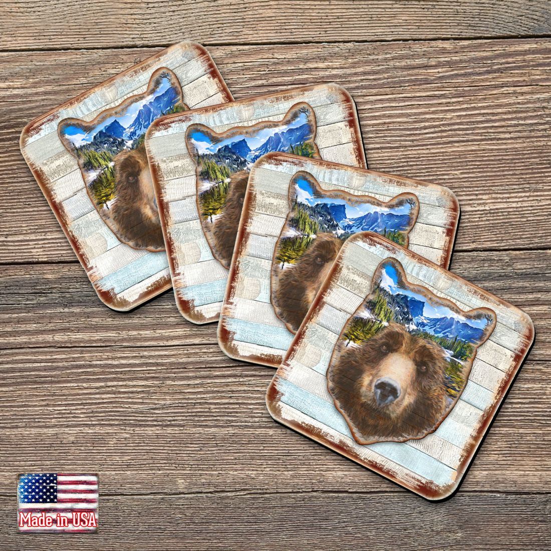 Bear Face Wooden Cork Coasters Gift Set of 4 by Nature Wonders - Nature Wildlife Decor - 8198214-4C-S4