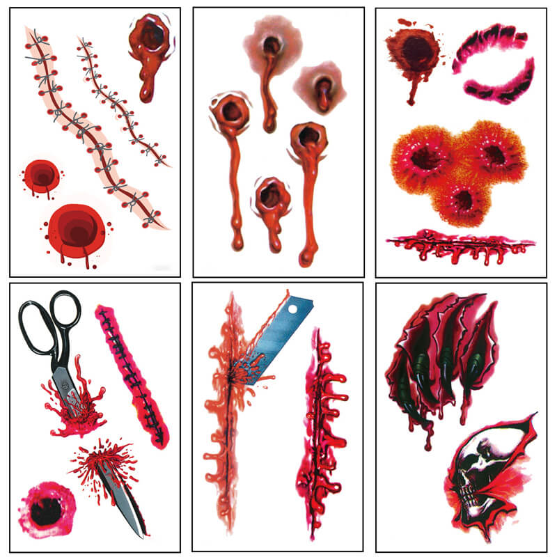 24 pegatinas temporales de tatuajes de Halloween con diseño de heridas
