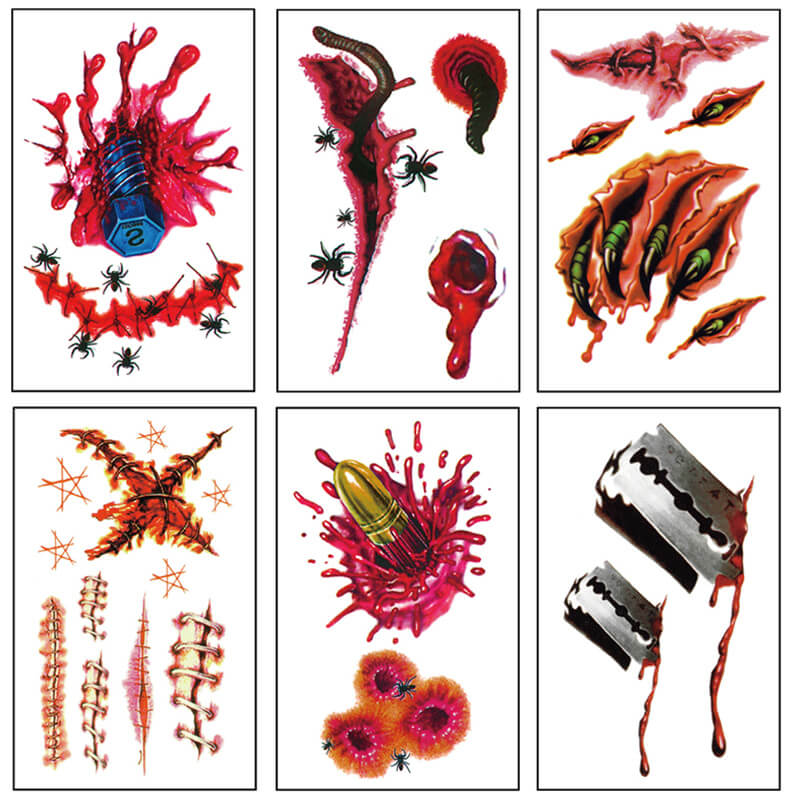 24 pegatinas temporales de tatuajes de Halloween con diseño de heridas