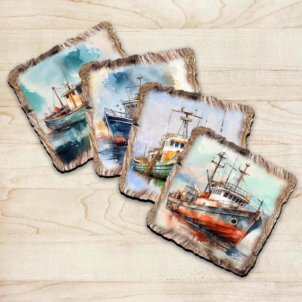 Fishing Boats Wooden Cork Coasters Gift Set of 4 by Nature Wonders Coastal Nature Wildlife Decor - 95402C-S4