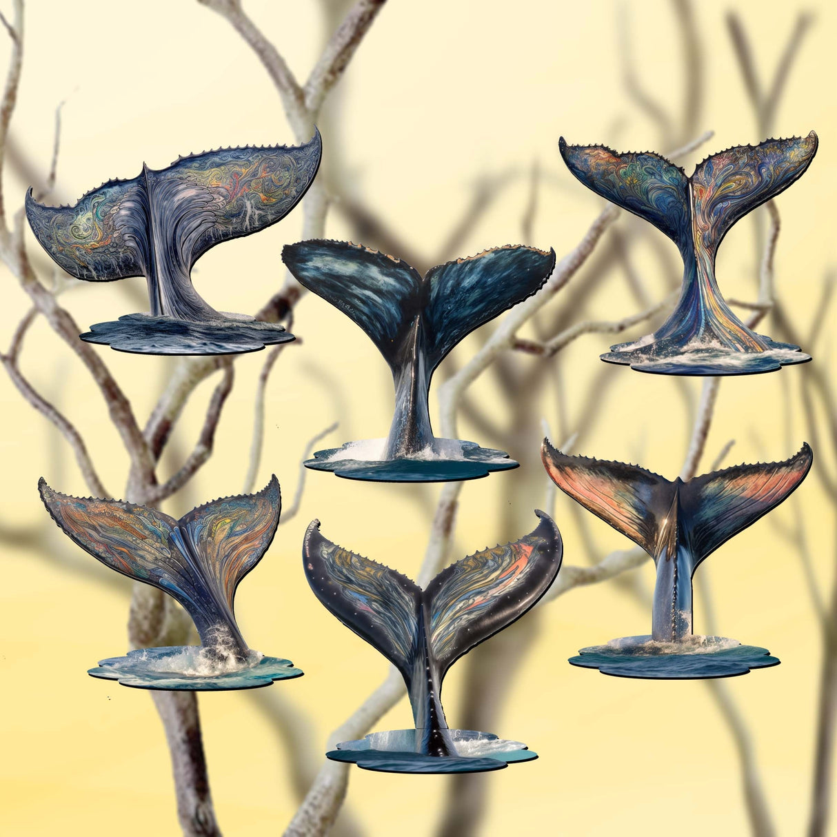 Vibrant Whale Stories Decorative Wooden Clip-on Ornaments Set of 6 by G. Debrekht - Wildlife Decor - 8090104C-S6