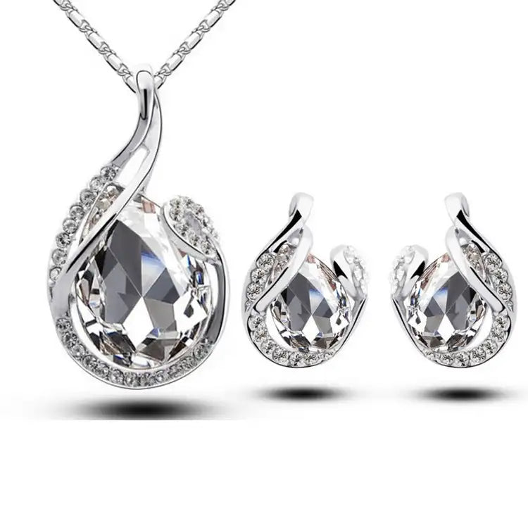 3pcs Rhinestone Necklace Set With Earrings Fashion Water-drop-shaped Jewelry For Women Valentine's Day - Lootquake