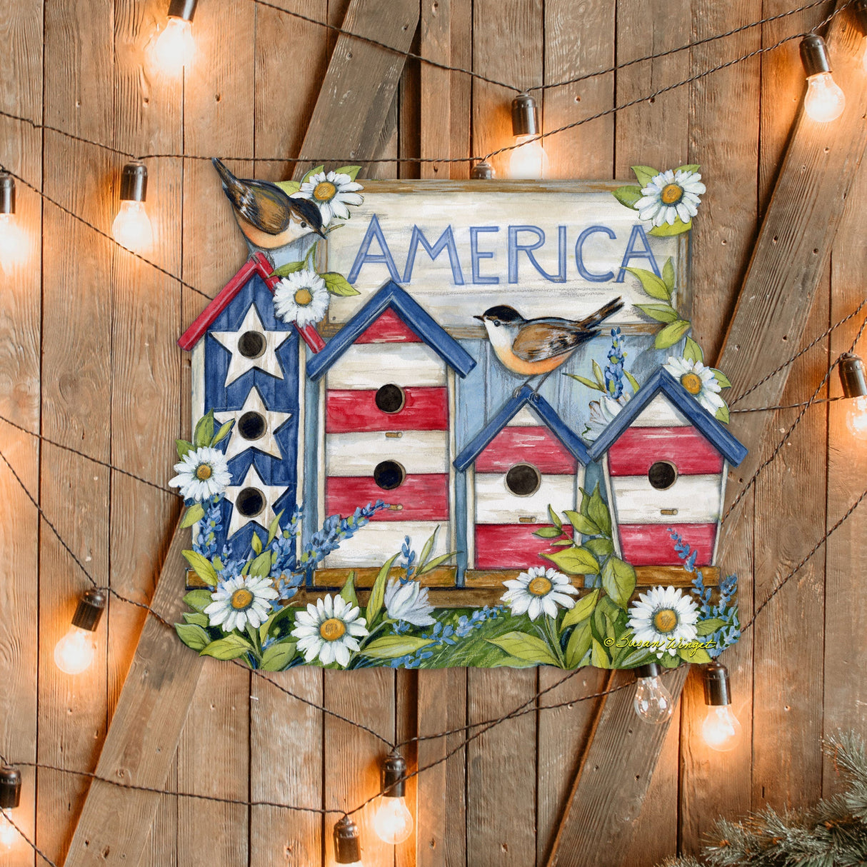 Front Door Patriotic Decoration American Red and White Birdhouse Welcome Sign - Handmade Gift Rustic Adornment by Susan Winget for Wooden Front Porch Decor - 8471213H-SW