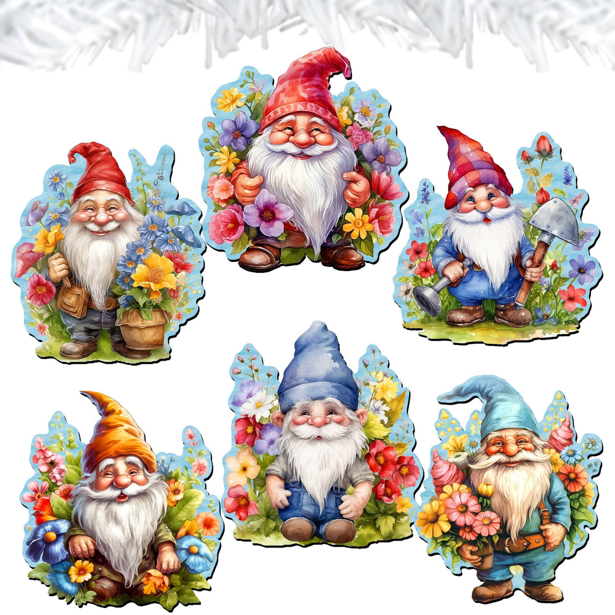 Garden Gnomes Decorative Wooden Clip-on Ornaments Set of 6 by G. Debrekht - Christmas Decor - 8090030C-S6