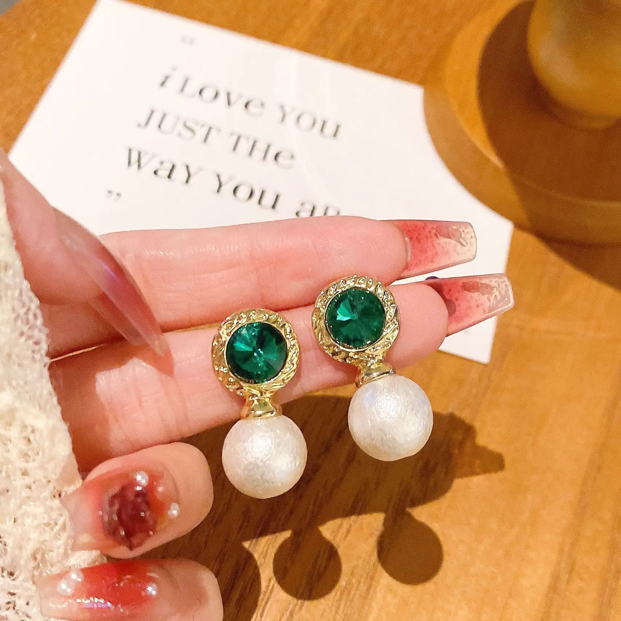Emerald Rhinestone Pearl Stud Earrings For Women - Lootquake