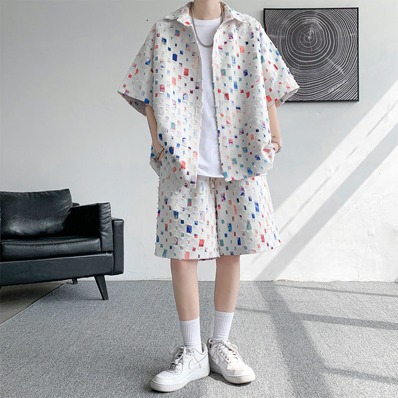 Summer New Chessboard Plaid Shirt Short Sleeve Shorts Suit - Lootquake