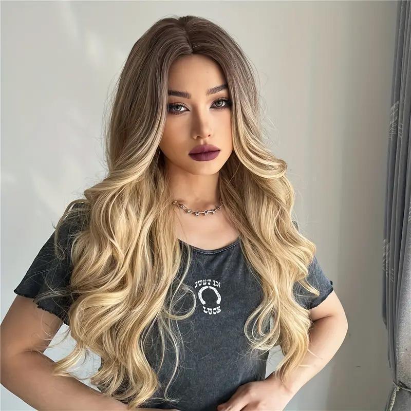 26 Inch Long Ash Blonde Wavy Wig with Bangs
