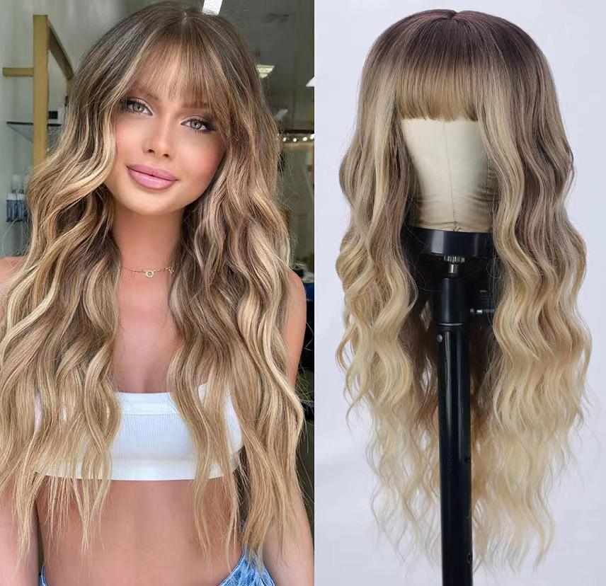 26 Inch Long Ash Blonde Wavy Wig with Bangs