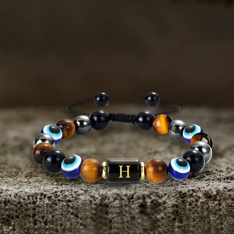 Pulsera de cuentas de piedra de mal de ojo de 26 letras