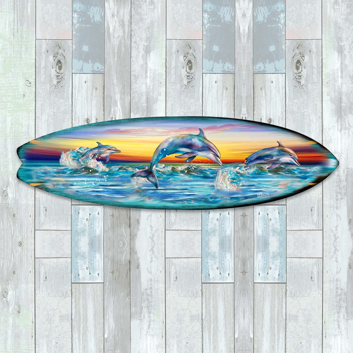 Dolphin's Dance Surfboard Coastal Wall Art by G. DeBrekht - Coastal Holiday Decor - 8490122HS