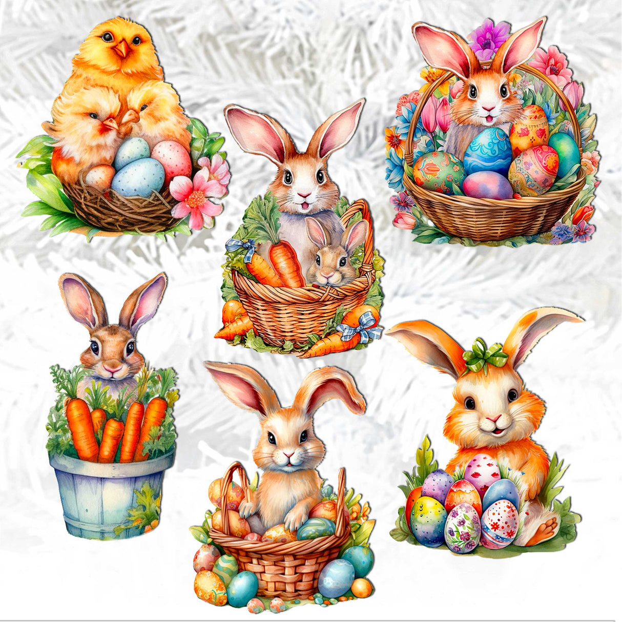 Eggs and Bunnies Decorative Wooden Clip-on Ornaments Set of 6 by G. Debrekht - Easter Decor - 8090057C-S6