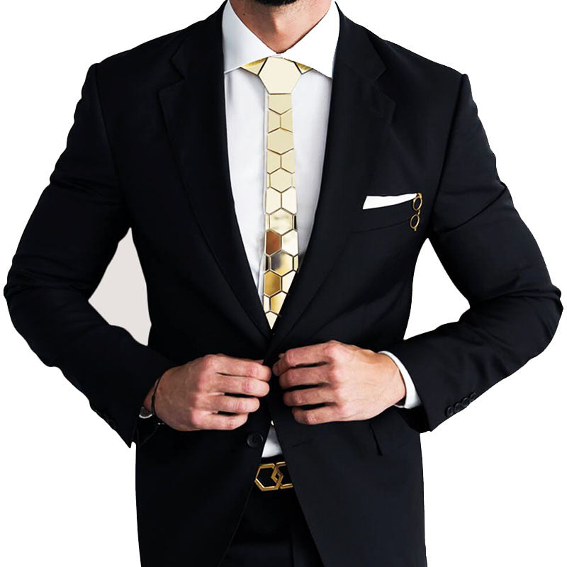 Stitching Geometric Plaid Gold Tie Men's Suit Clothing - Lootquake