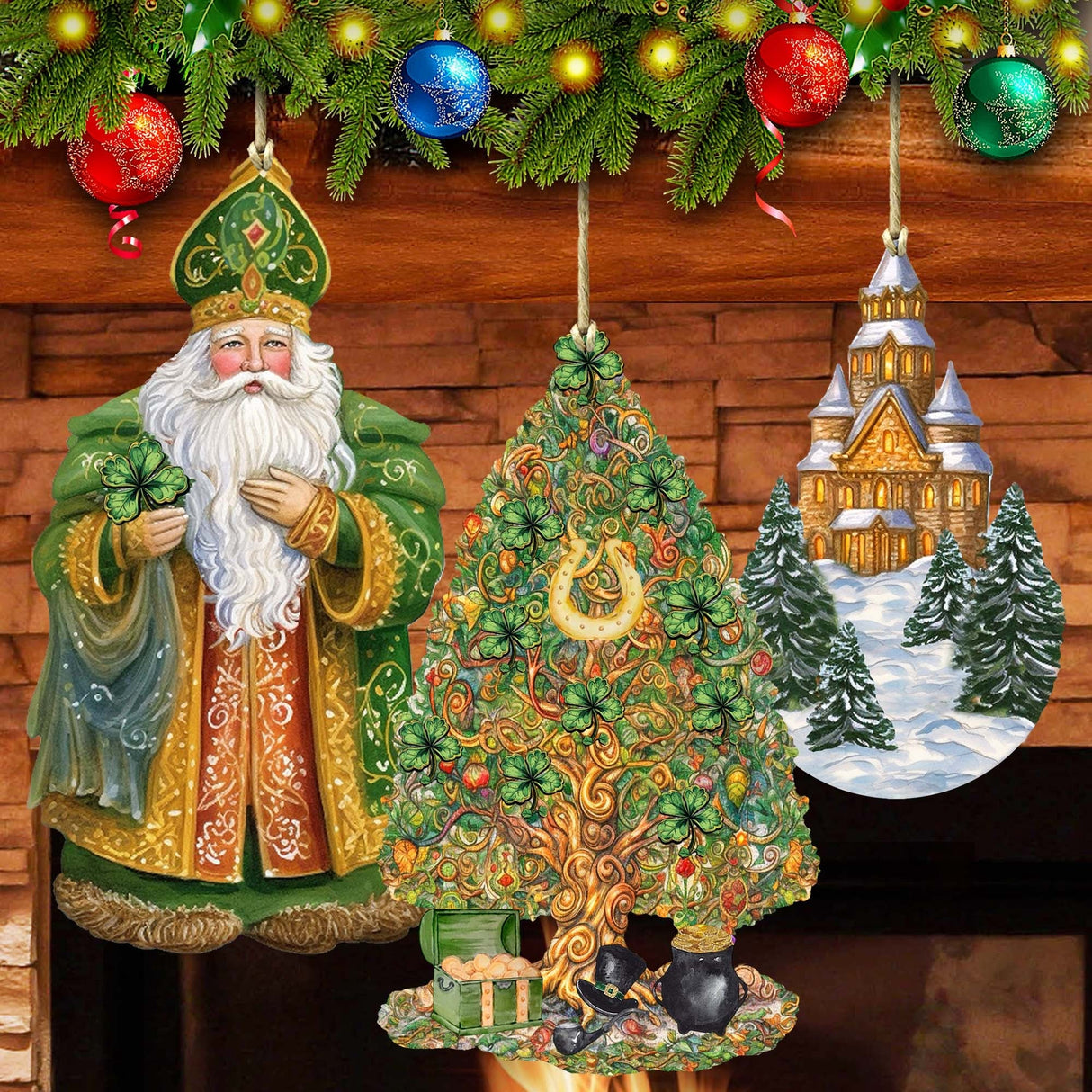 Santas Around the World - Irish Inspired Santa - Wooden Ornaments Set of 3 by G. DeBrekht Christmas Santa Snowman Decor - 8091306S3