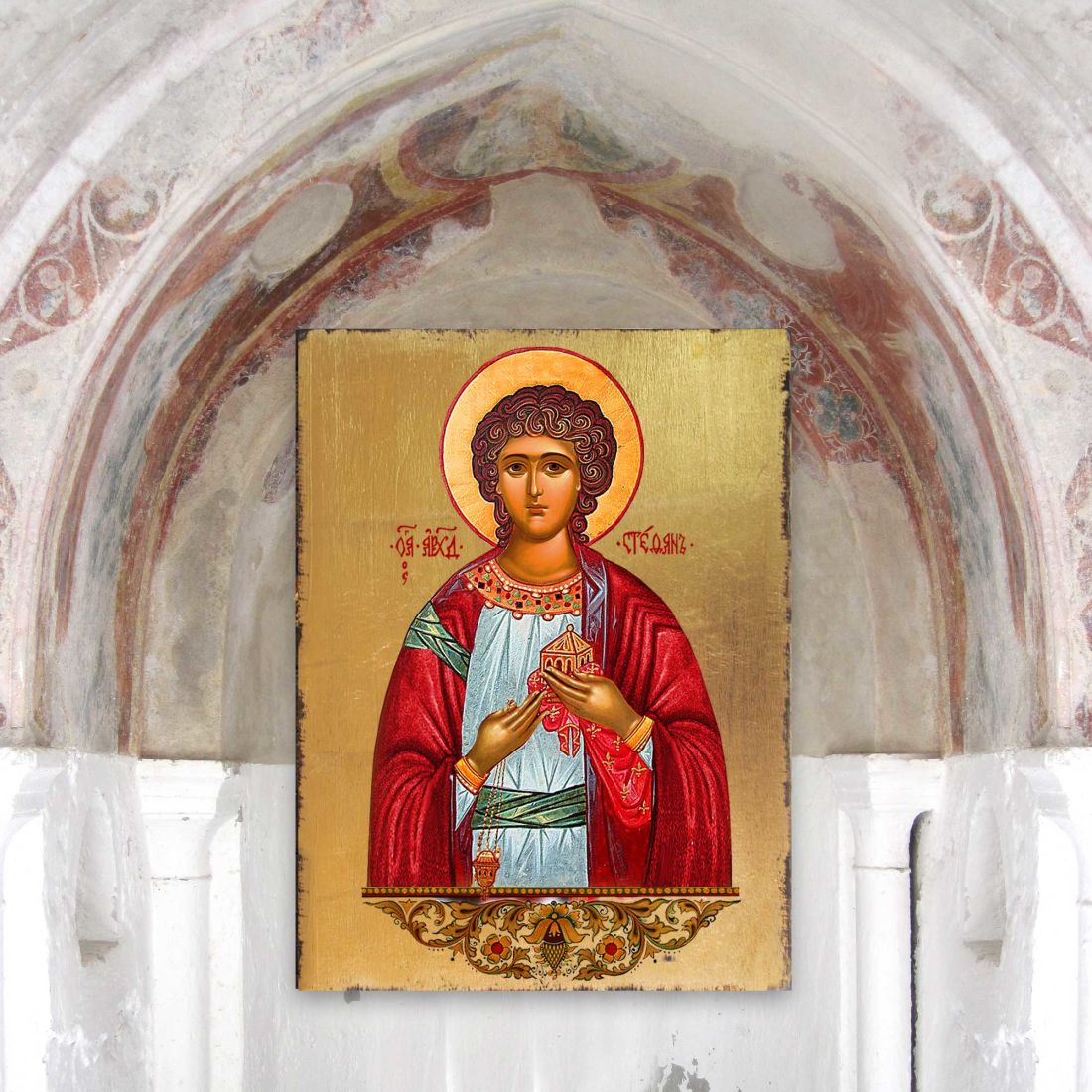 Icono religioso cristiano sagrado de San Esteban de madera bañado en oro - Decoración inspiradora - 85056