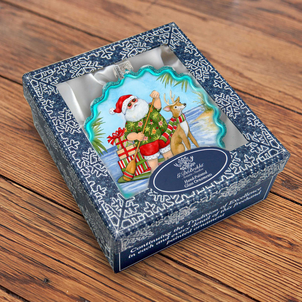 Christmas Decoration - Handblown Glass - Paddle Boarding Santa - Christmas Tree Ornament by Susan Winget - Handmade Gift - Wooden Ornament - 759-115-SW