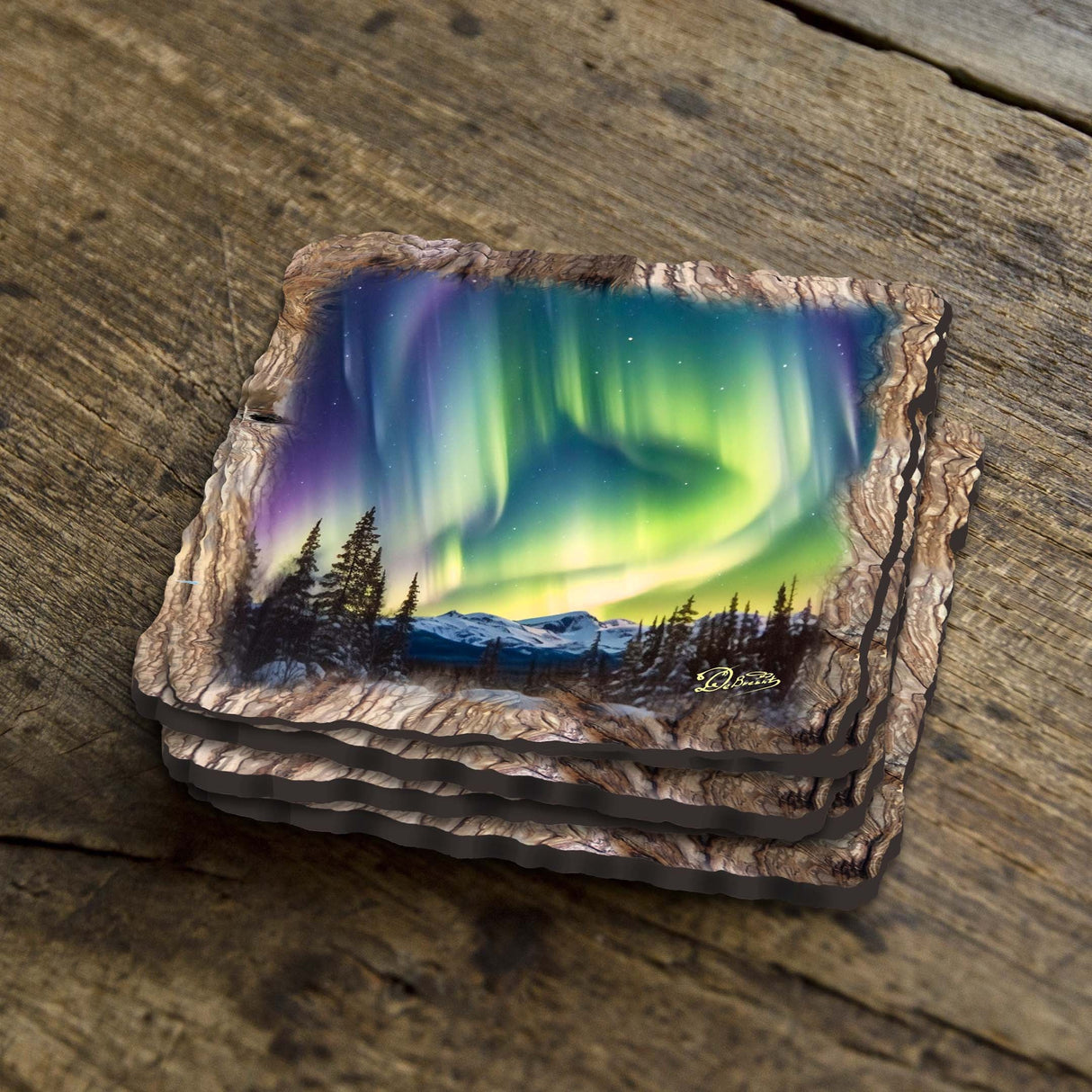 Northern Lights Wooden Cork Coasters Gift Set of 4 by Nature Wonders Nature Wildlife Decor - 95391C-S4
