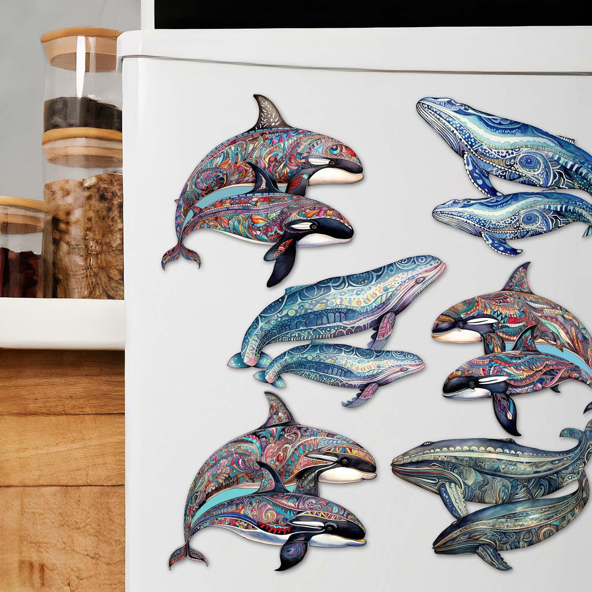 Embracing Whales Decorative Wooden Magnets Set of 6 by G. Debrekht - Wildlife Coastal Decor - 8090107G-S6