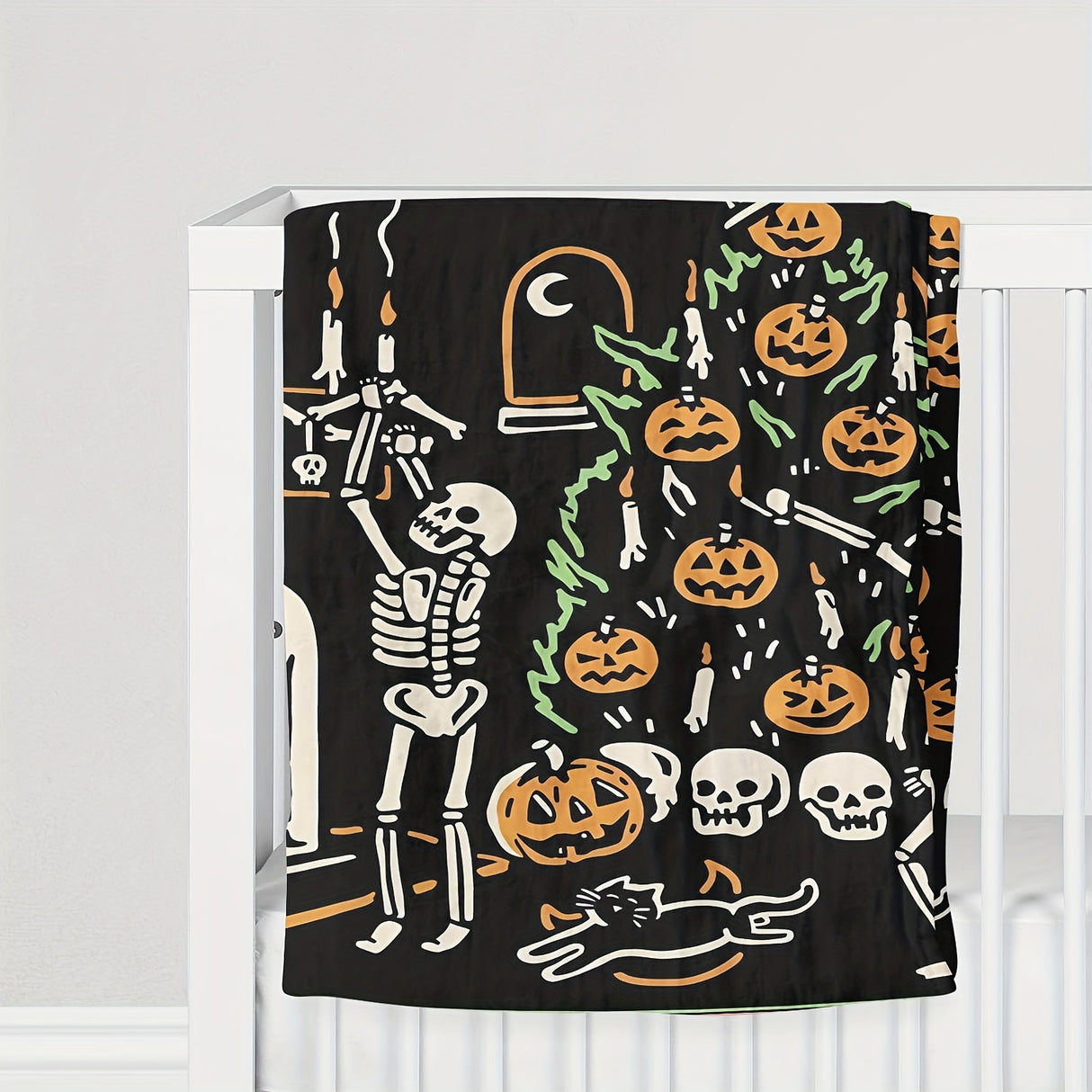 1pc Halloween Blanket Pumpkin Skull Throw Blanket Flannel Fleece Blanket For Women, Men, Fuzzy Plush Lightweight Blanket For Bedroom Couch Sofa Black
