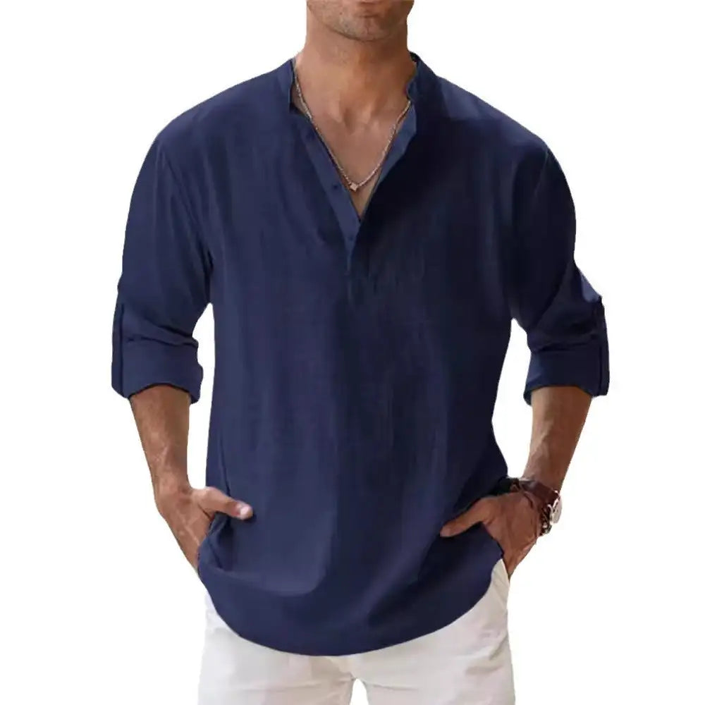 Men's Linen Stand-up Collar Long Sleeve T-shirt Loose Undershirt - Lootquake