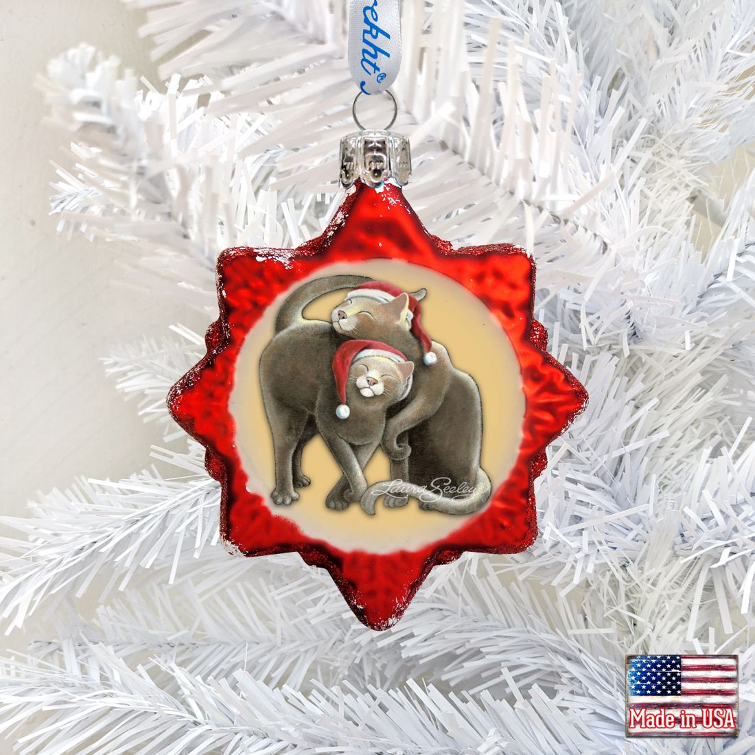 Christmas Cuddling Kitties Mercury Glass Ornament by Laura Seeley - Pets Dog and Cats Decor - 779213-2068
