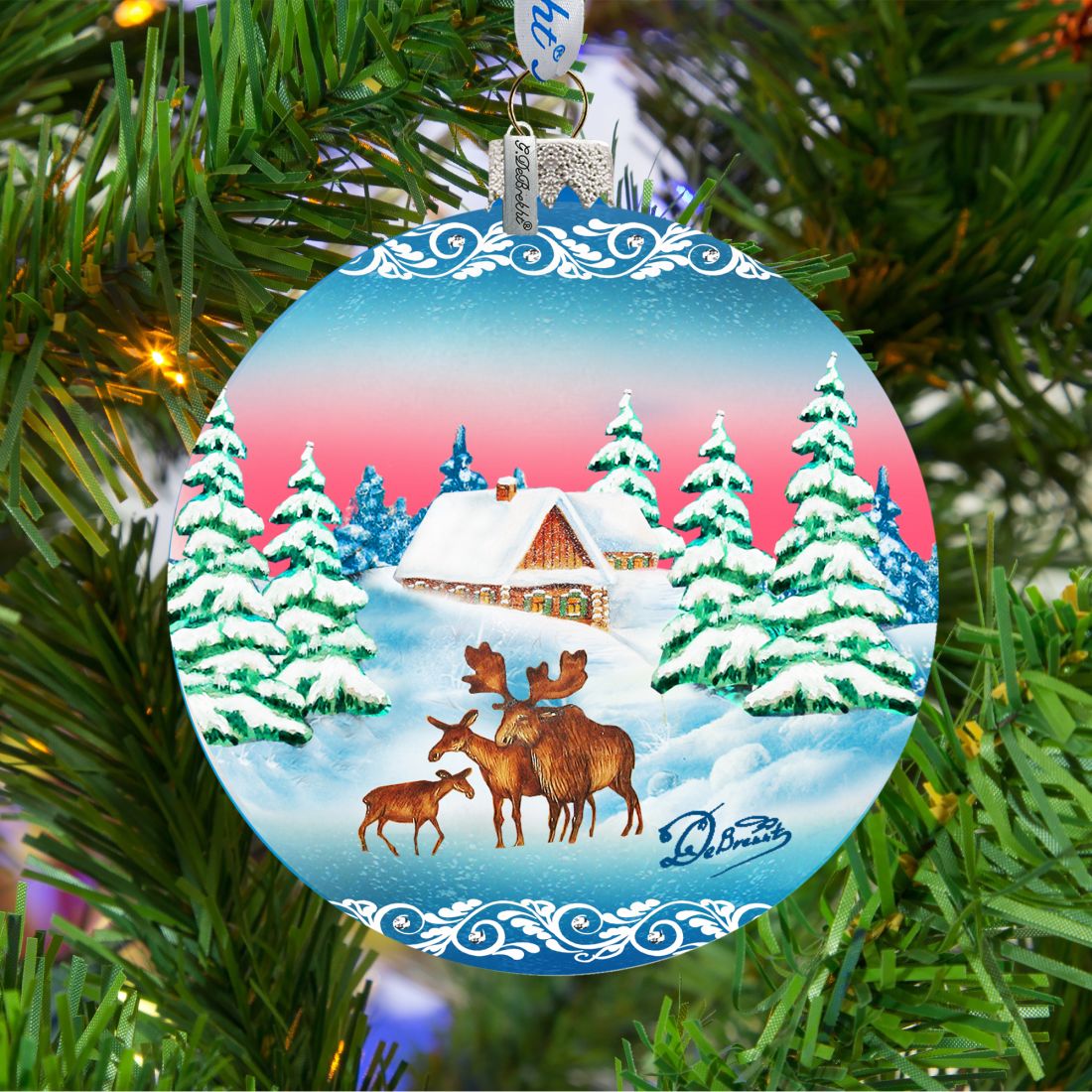 Adorno de cristal con forma de bola de familia de alces de invierno de G. DeBrekht - Decoración navideña de vida silvestre - 73115