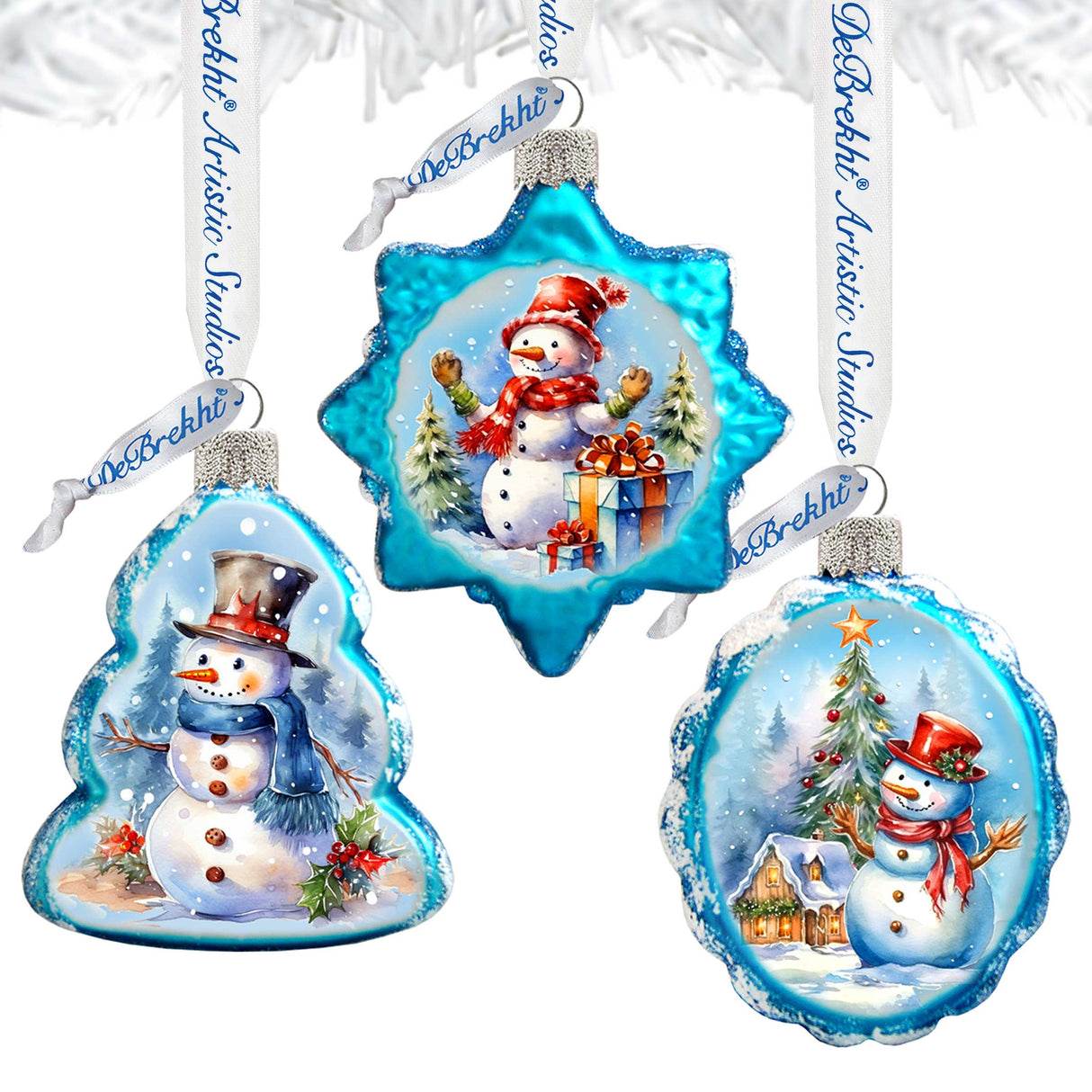 Juego de 3 adornos de vidrio de mercurio con forma de muñeco de nieve de G. Debrekht - Decoración navideña de Papá Noel - 770148S3