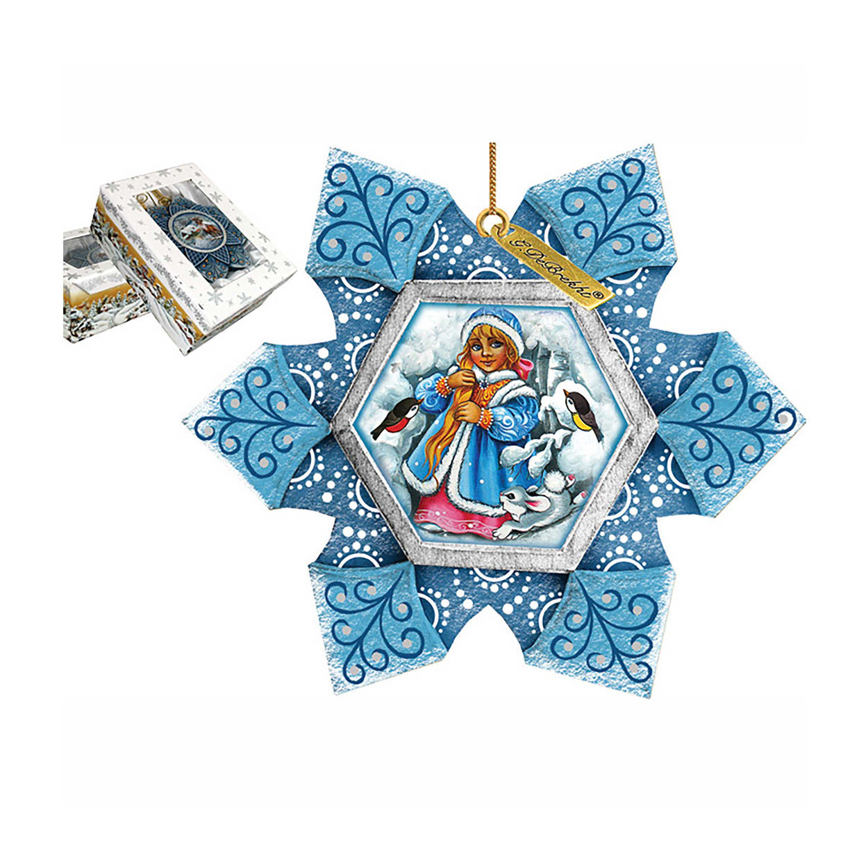 Adorno navideño de Doncella de Nieve, esculpido y pintado a mano por G. DeBrekht - Decoración navideña - 6102172