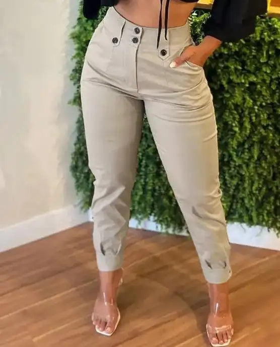 Women's Solid Color Non Elastic Belt Button Detail Four Season Fashion Pants - Lootquake