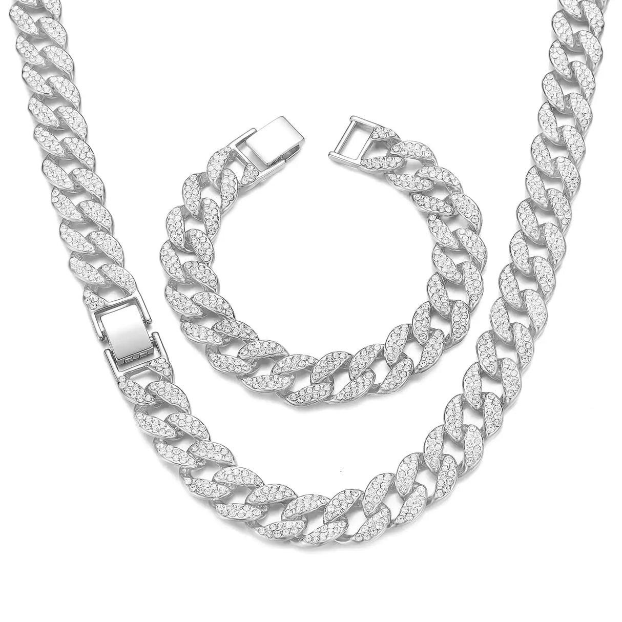 Cuban Link Chain Men Necklace Bracelet Jewelry Set Silver Fake Diamond Iced Out Bling Thick Necklaces Women Chains (Silver-14mm20inch) - Lootquake