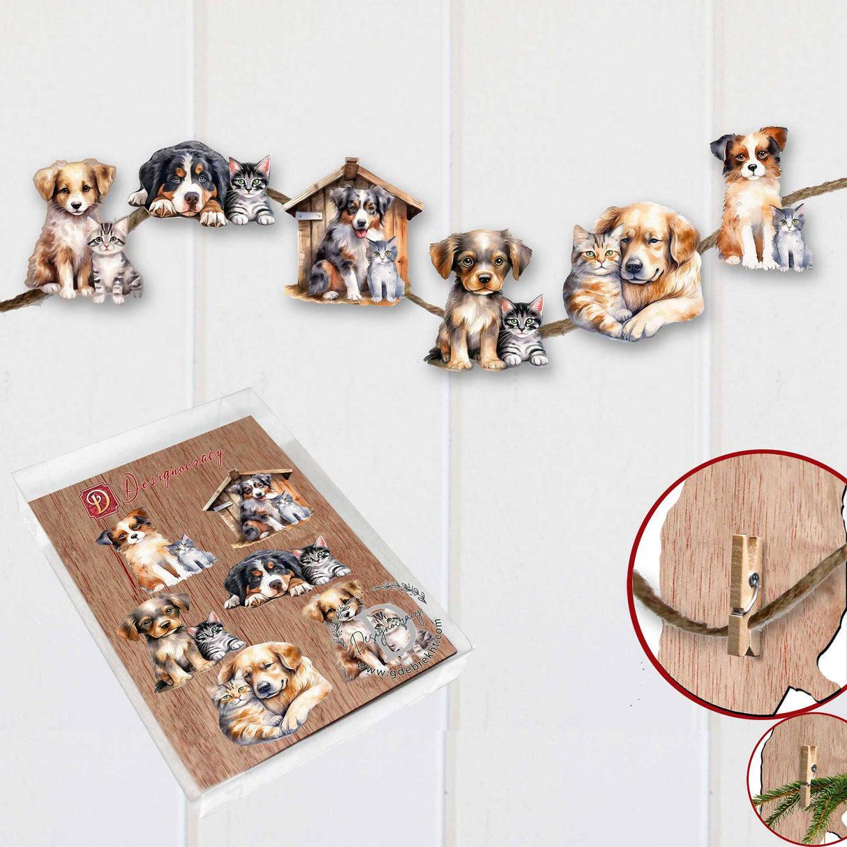 Dogs Decorative Wooden Clip-on Ornaments of 6 by G. Debrekht - Christmas Decor - 8090017C-S6