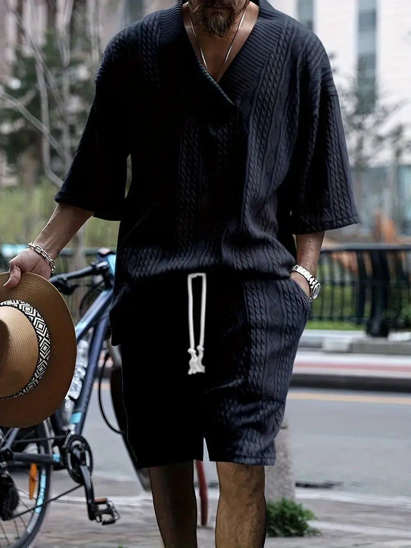 2pcs Men's Jacquard Solid Short Sleeve V Neck Shirt & Matching Drawstring Shorts Set, Summer Leisure Clothing - Lootquake