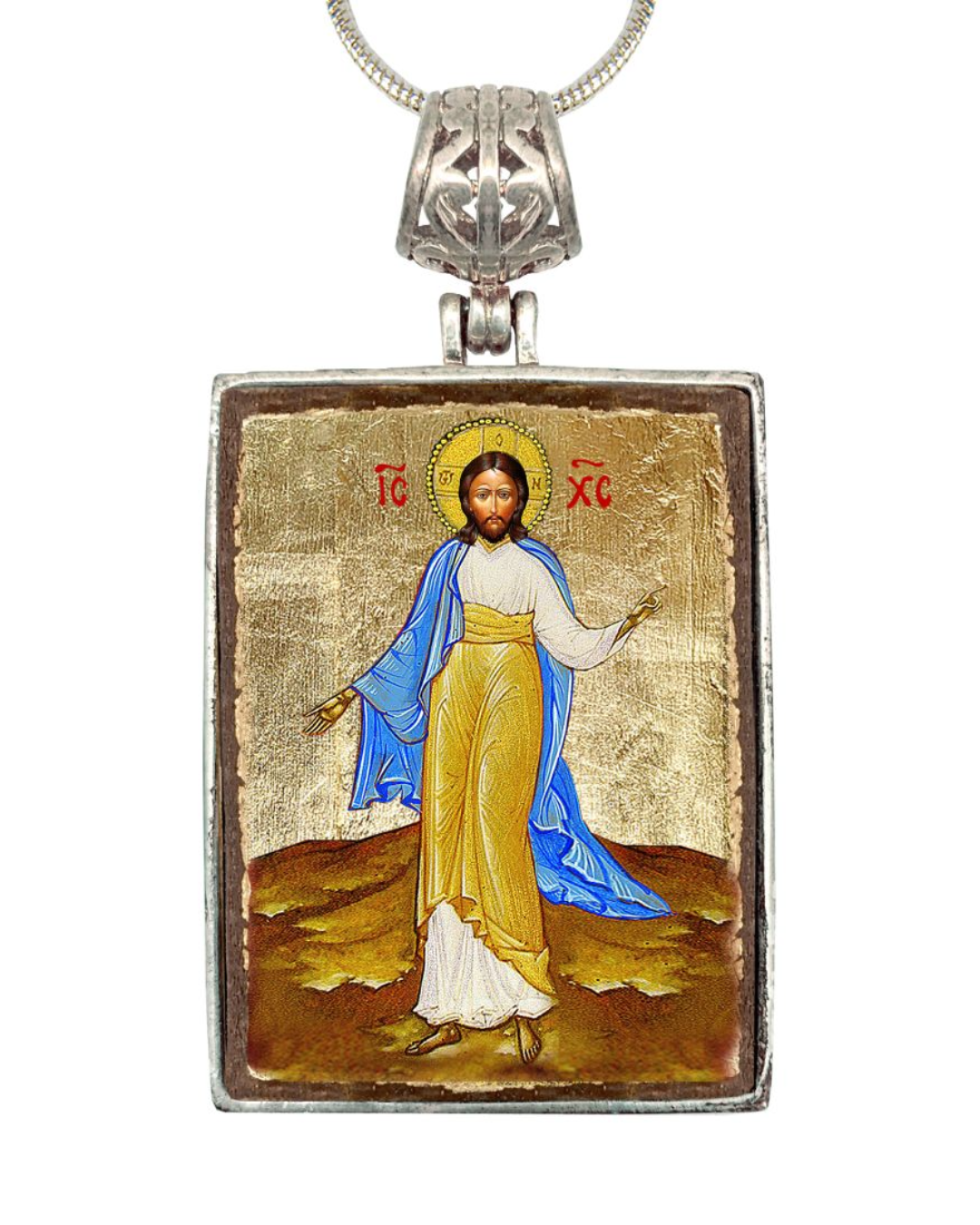 Jesus Religious Jewelry Silver Plated Necklace, Gold-Plated Wooden Cabochon - Christian Sacred Icon - Inspirational Icon Decor - 43051R