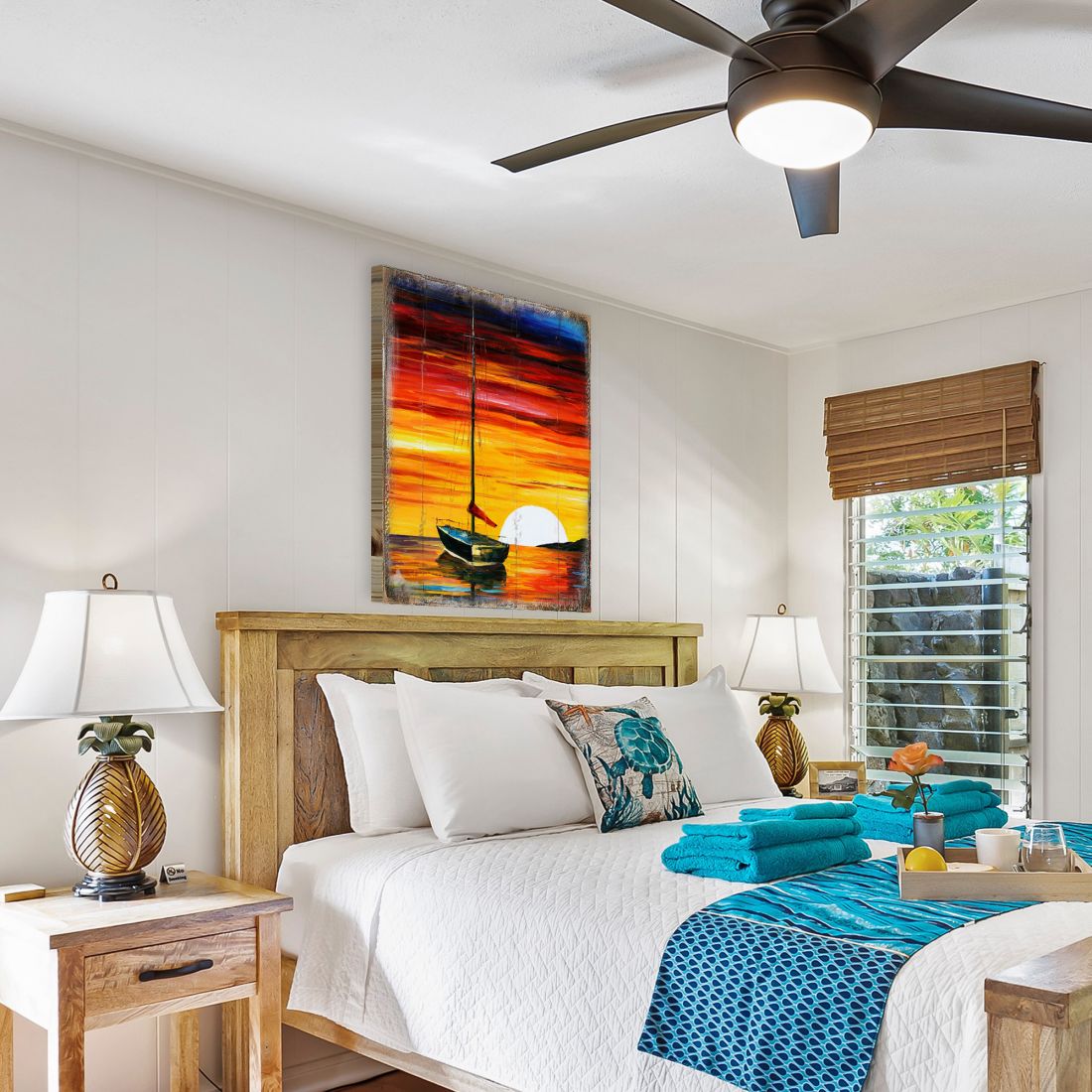 Arte mural costero de madera con atardecer en velero Alberty de Nature Wonders - Decoración costera de vida marina - 95323B